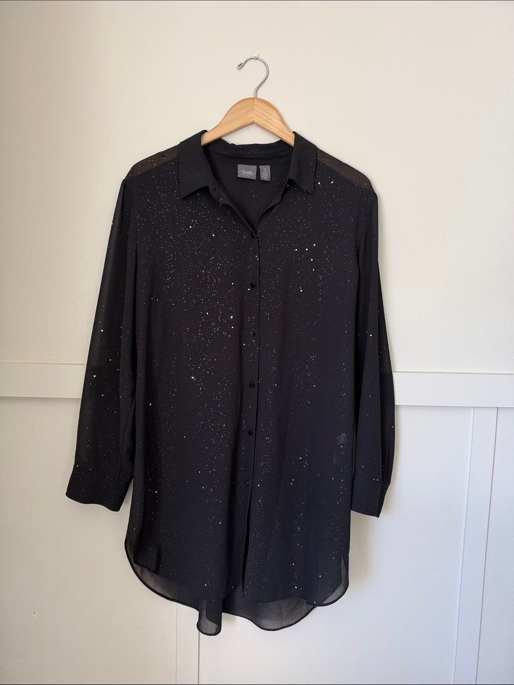 Chico's Travelers Sparkle Sheer Tunic Blouse Black Starry Celestial Rhinestone 3